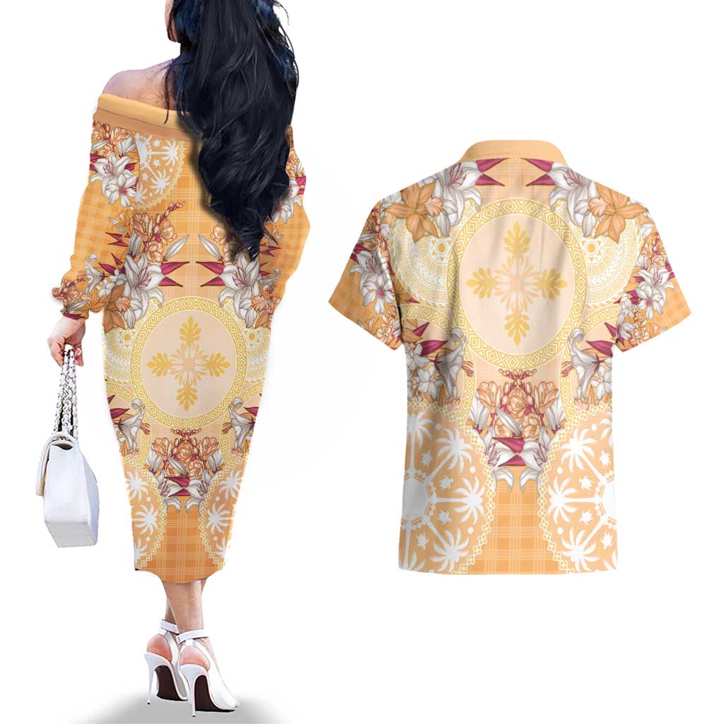 Hawaii Peach Palaka Couples Matching Off The Shoulder Long Sleeve Dress and Hawaiian Shirt With Tapa Pattern Tropical Flowers - Polynesian Pride