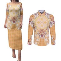 Hawaii Peach Palaka Couples Matching Puletasi and Long Sleeve Button Shirt With Tapa Pattern Tropical Flowers - Polynesian Pride