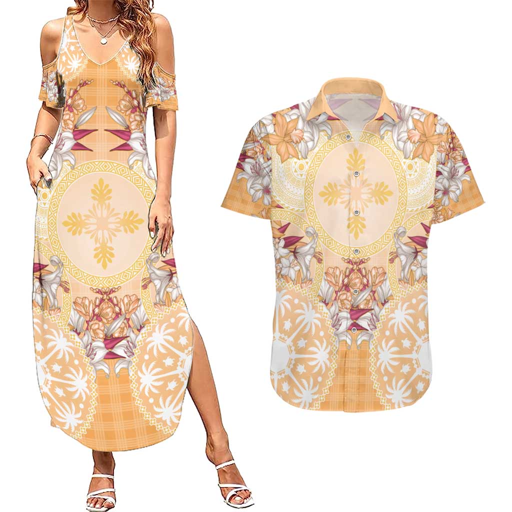 Hawaii Peach Palaka Couples Matching Summer Maxi Dress and Hawaiian Shirt With Tapa Pattern Tropical Flowers LT05 Peach - Polynesian Pride