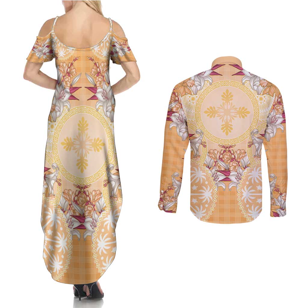 Hawaii Peach Palaka Couples Matching Summer Maxi Dress and Long Sleeve Button Shirt With Tapa Pattern Tropical Flowers - Polynesian Pride