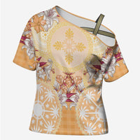 Hawaii Peach Palaka Cross Shoulder Shirt With Tapa Pattern Tropical Flowers - Polynesian Pride