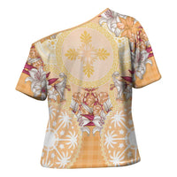 Hawaii Peach Palaka Cross Shoulder Shirt With Tapa Pattern Tropical Flowers - Polynesian Pride