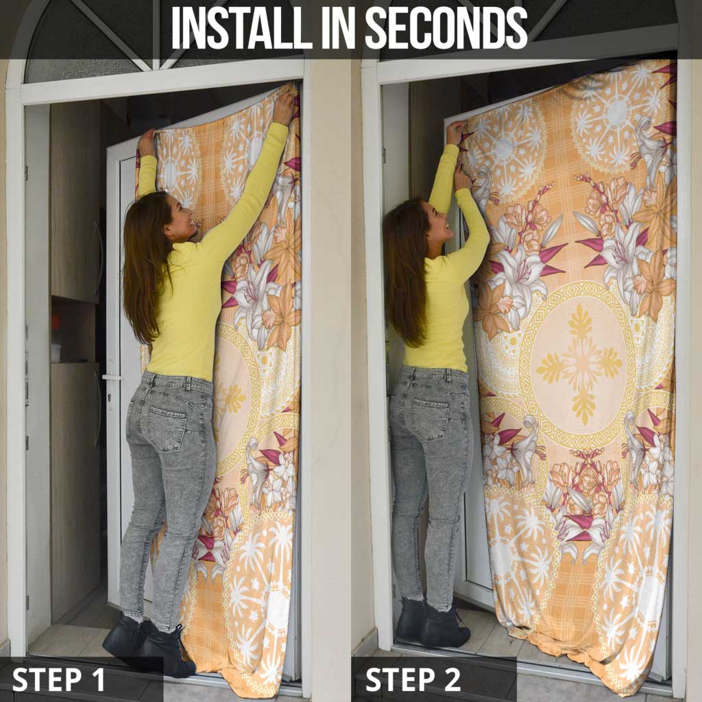 Hawaii Peach Palaka Door Cover With Tapa Pattern Tropical Flowers - Polynesian Pride