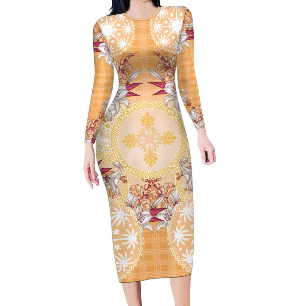 Hawaii Peach Palaka Family Matching Long Sleeve Bodycon Dress and Hawaiian Shirt With Tapa Pattern Tropical Flowers - Polynesian Pride