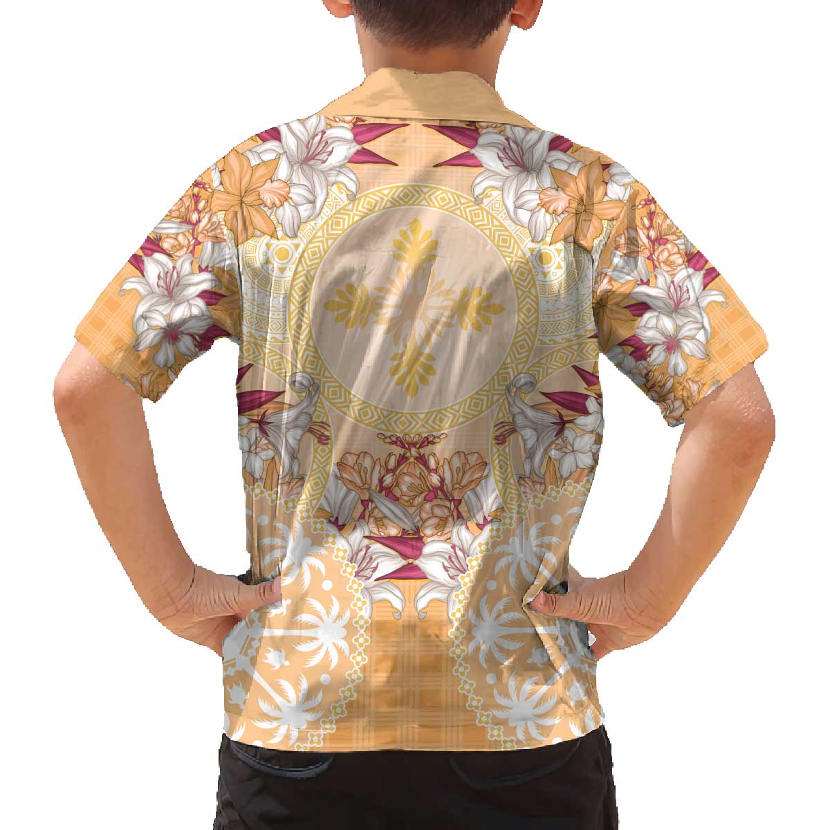 Hawaii Peach Palaka Family Matching Off The Shoulder Long Sleeve Dress and Hawaiian Shirt With Tapa Pattern Tropical Flowers - Polynesian Pride
