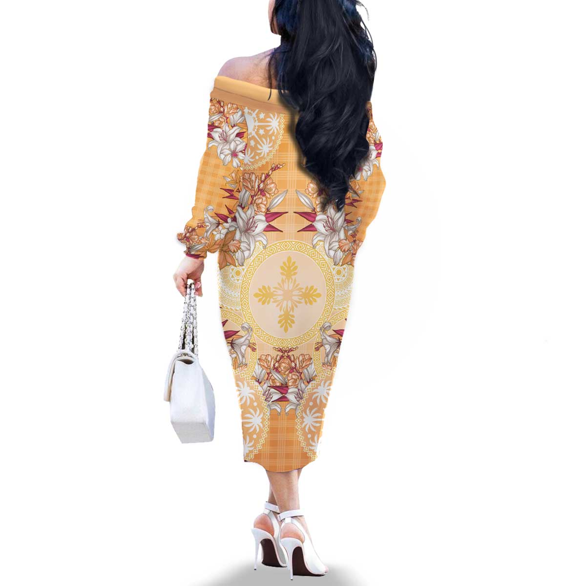 Hawaii Peach Palaka Family Matching Off The Shoulder Long Sleeve Dress and Hawaiian Shirt With Tapa Pattern Tropical Flowers - Polynesian Pride