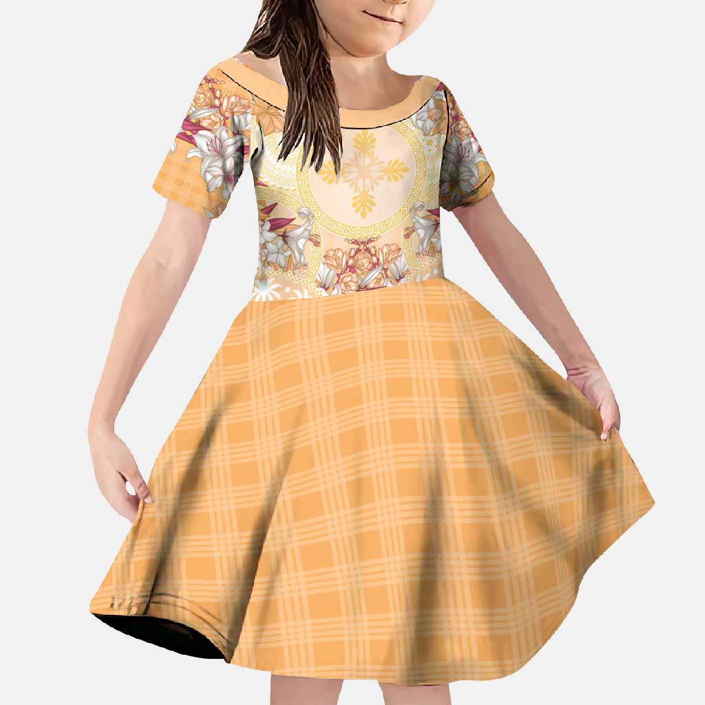 Hawaii Peach Palaka Family Matching Off Shoulder Maxi Dress and Hawaiian Shirt With Tapa Pattern Tropical Flowers - Polynesian Pride