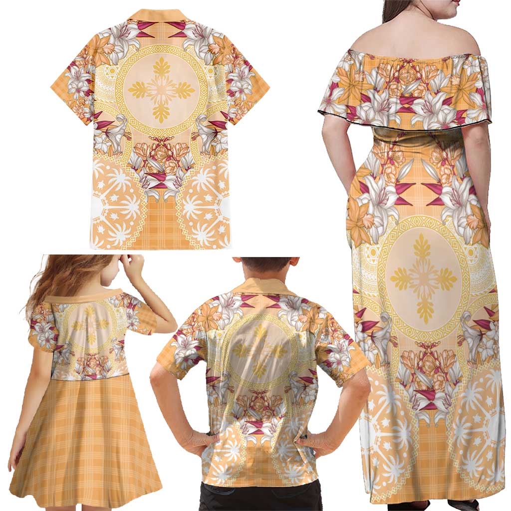 Hawaii Peach Palaka Family Matching Off Shoulder Maxi Dress and Hawaiian Shirt With Tapa Pattern Tropical Flowers - Polynesian Pride