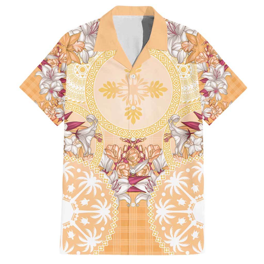 Hawaii Peach Palaka Family Matching Off Shoulder Short Dress and Hawaiian Shirt With Tapa Pattern Tropical Flowers - Polynesian Pride