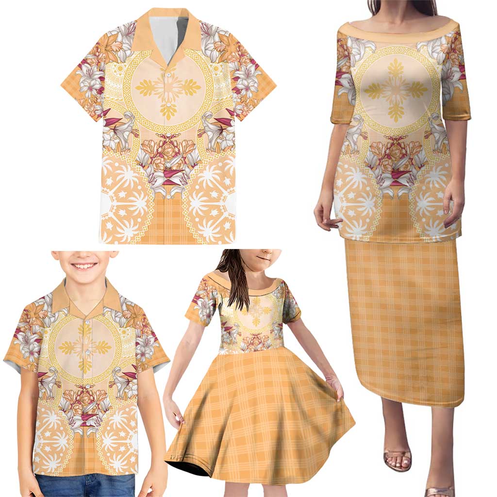 Hawaii Peach Palaka Family Matching Puletasi and Hawaiian Shirt With Tapa Pattern Tropical Flowers - Polynesian Pride