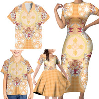 Hawaii Peach Palaka Family Matching Short Sleeve Bodycon Dress and Hawaiian Shirt With Tapa Pattern Tropical Flowers - Polynesian Pride