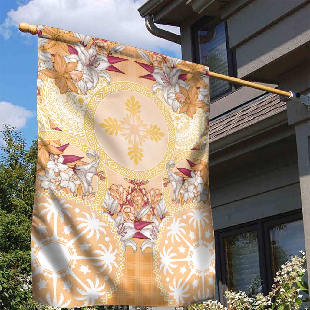 Hawaii Peach Palaka Garden Flag With Tapa Pattern Tropical Flowers - Polynesian Pride