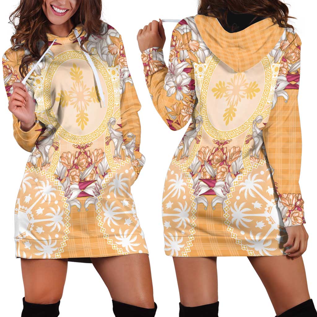 Hawaii Peach Palaka Hoodie Dress With Tapa Pattern Tropical Flowers - Polynesian Pride