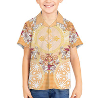 Hawaii Peach Palaka Kid Hawaiian Shirt With Tapa Pattern Tropical Flowers - Polynesian Pride