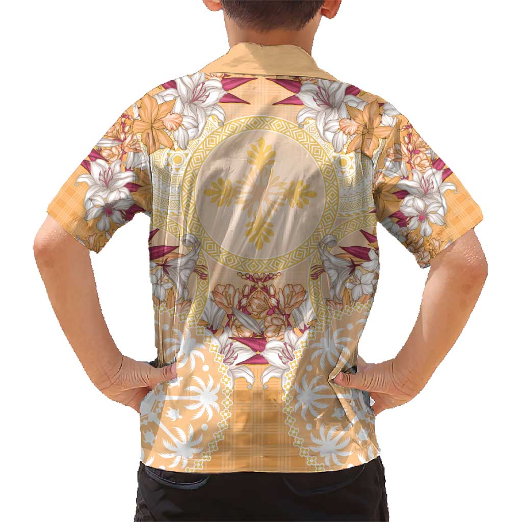 Hawaii Peach Palaka Kid Hawaiian Shirt With Tapa Pattern Tropical Flowers - Polynesian Pride