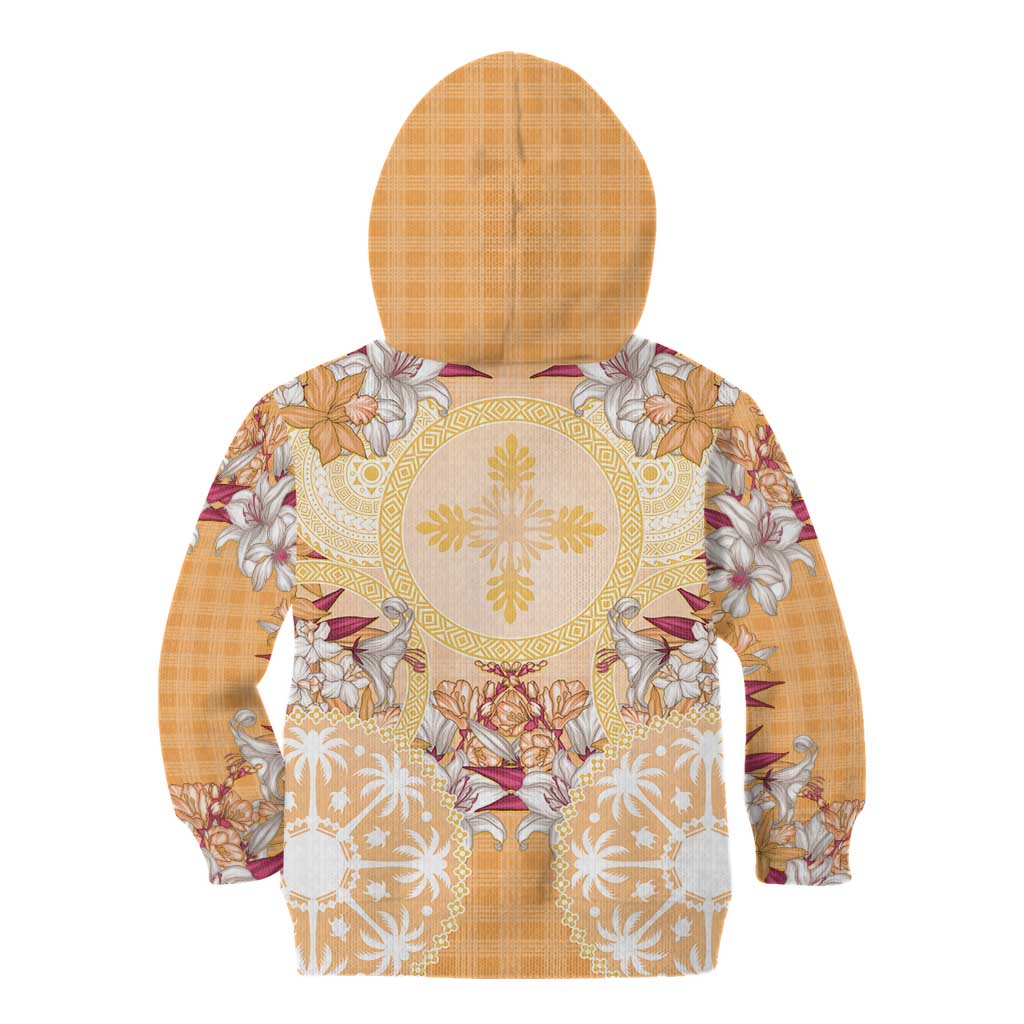 Hawaii Peach Palaka Kid Hoodie With Tapa Pattern Tropical Flowers - Polynesian Pride