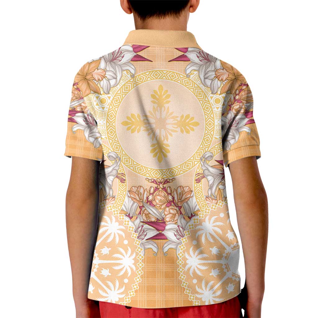 Hawaii Peach Palaka Kid Polo Shirt With Tapa Pattern Tropical Flowers - Polynesian Pride