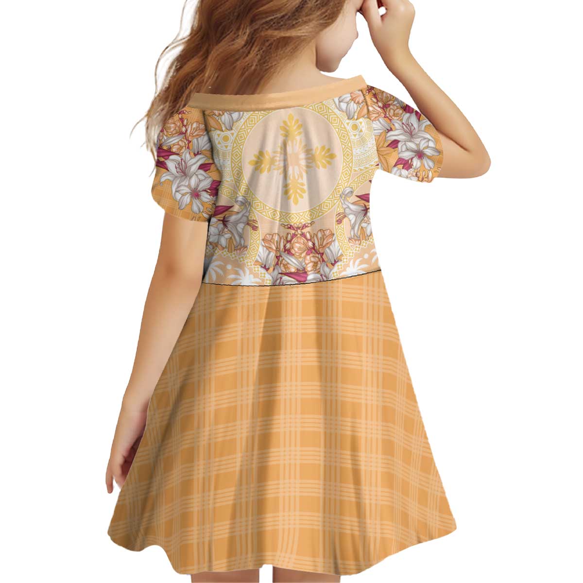 Hawaii Peach Palaka Kid Short Sleeve Dress With Tapa Pattern Tropical Flowers - Polynesian Pride