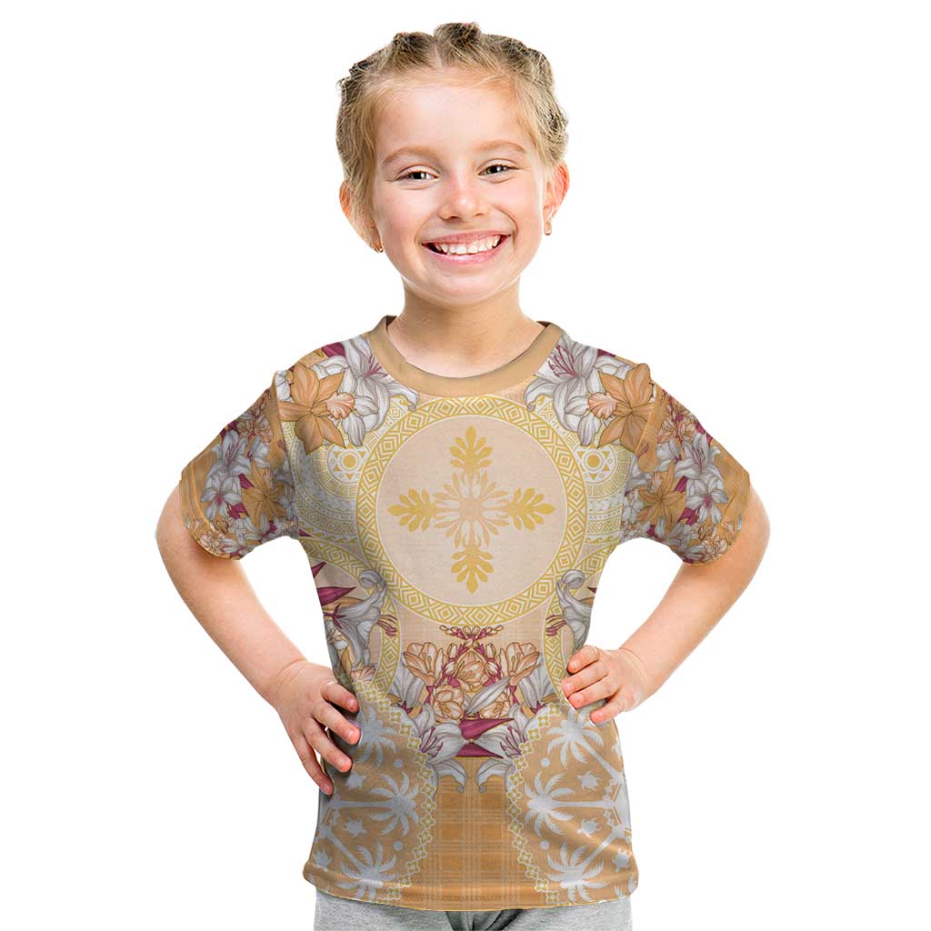 Hawaii Peach Palaka Kid T Shirt With Tapa Pattern Tropical Flowers - Polynesian Pride