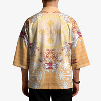 Hawaii Peach Palaka Kimono With Tapa Pattern Tropical Flowers - Polynesian Pride