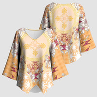 Hawaii Peach Palaka Kimono Sleeve Blouse With Tapa Pattern Tropical Flowers - Polynesian Pride