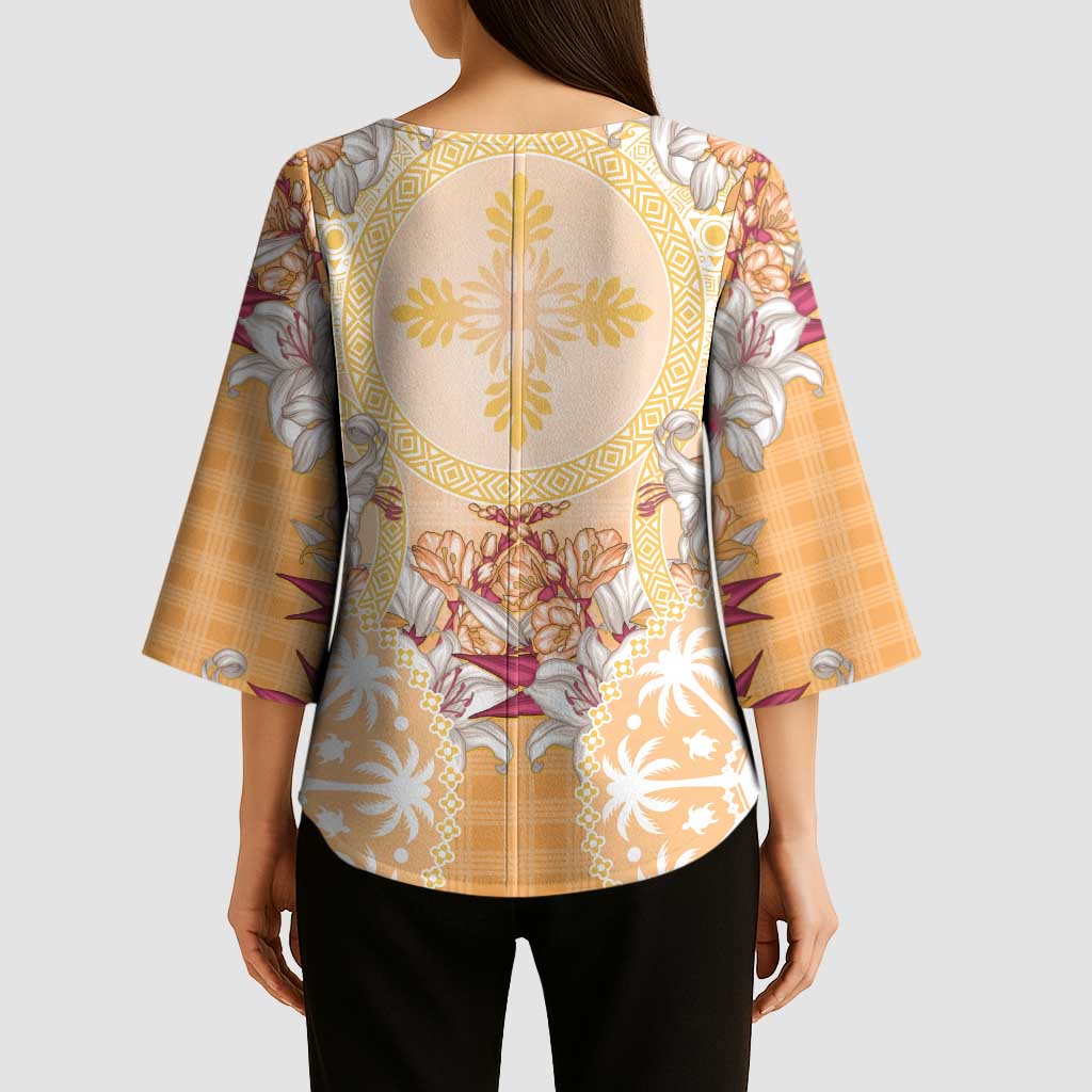 Hawaii Peach Palaka Kimono Sleeve Blouse With Tapa Pattern Tropical Flowers - Polynesian Pride