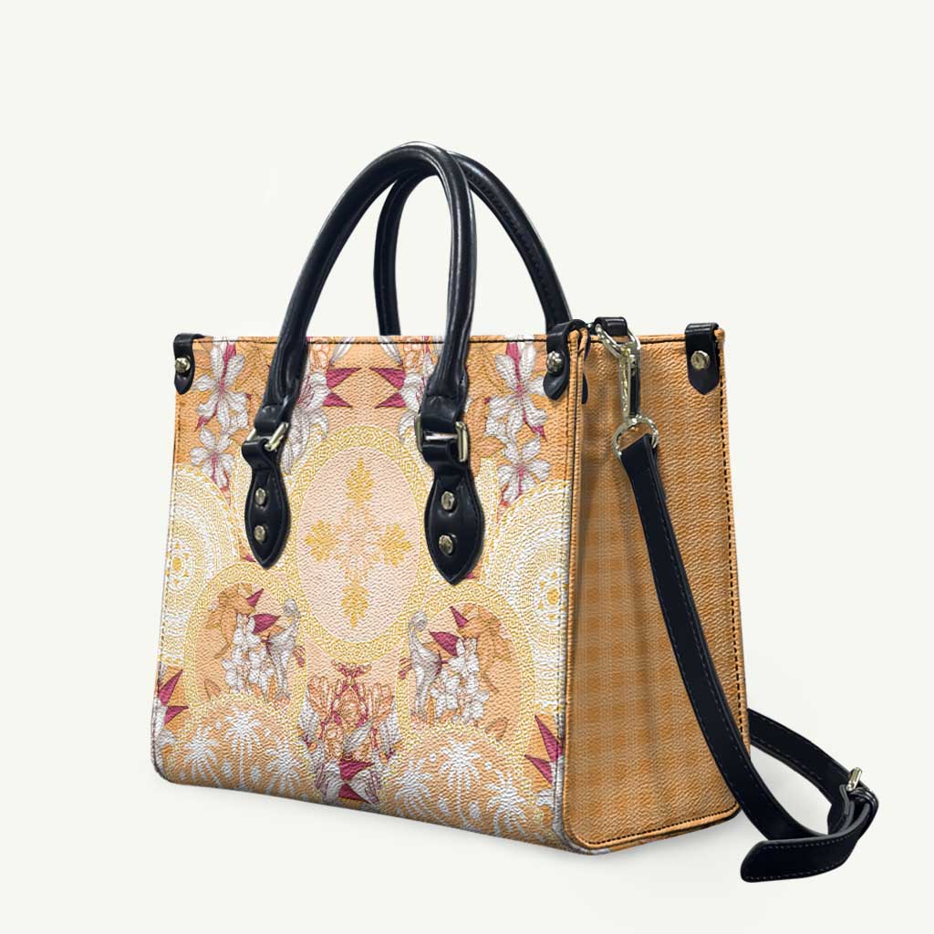 Hawaii Peach Palaka Leather Bag With Tapa Pattern Tropical Flowers - Polynesian Pride