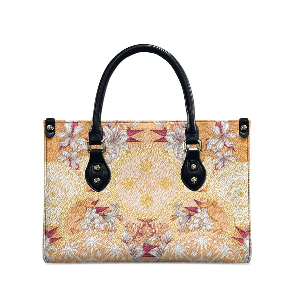 Hawaii Peach Palaka Leather Bag With Tapa Pattern Tropical Flowers - Polynesian Pride