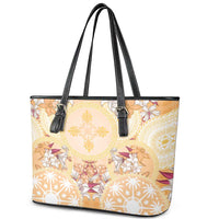 Hawaii Peach Palaka Leather Tote Bag With Tapa Pattern Tropical Flowers - Polynesian Pride