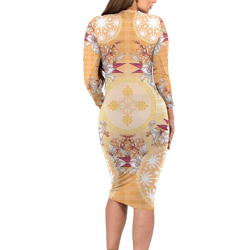 Hawaii Peach Palaka Long Sleeve Bodycon Dress With Tapa Pattern Tropical Flowers - Polynesian Pride