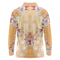 Hawaii Peach Palaka Long Sleeve Polo Shirt With Tapa Pattern Tropical Flowers - Polynesian Pride