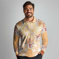 Hawaii Peach Palaka Long Sleeve Polo Shirt With Tapa Pattern Tropical Flowers - Polynesian Pride