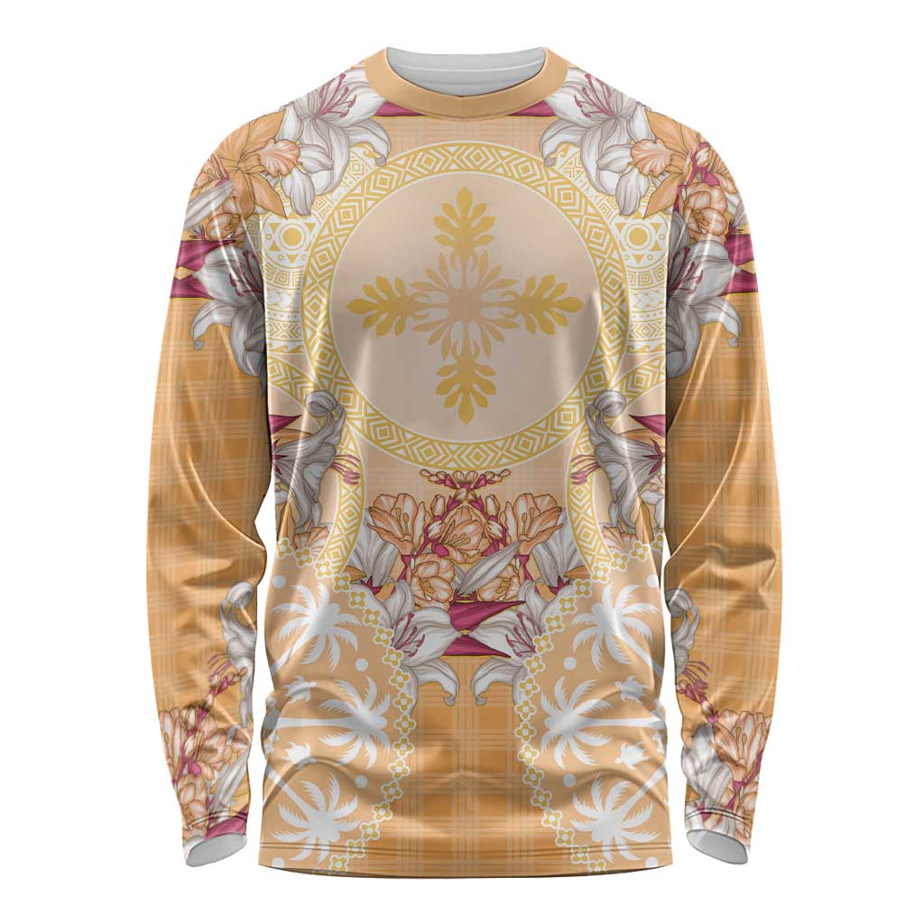Hawaii Peach Palaka Long Sleeve Shirt With Tapa Pattern Tropical Flowers - Polynesian Pride