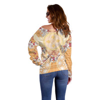 Hawaii Peach Palaka Off Shoulder Sweater With Tapa Pattern Tropical Flowers - Polynesian Pride
