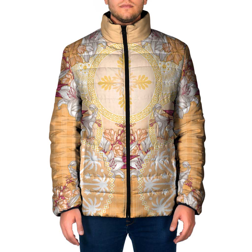 Hawaii Peach Palaka Padded Jacket With Tapa Pattern Tropical Flowers - Polynesian Pride