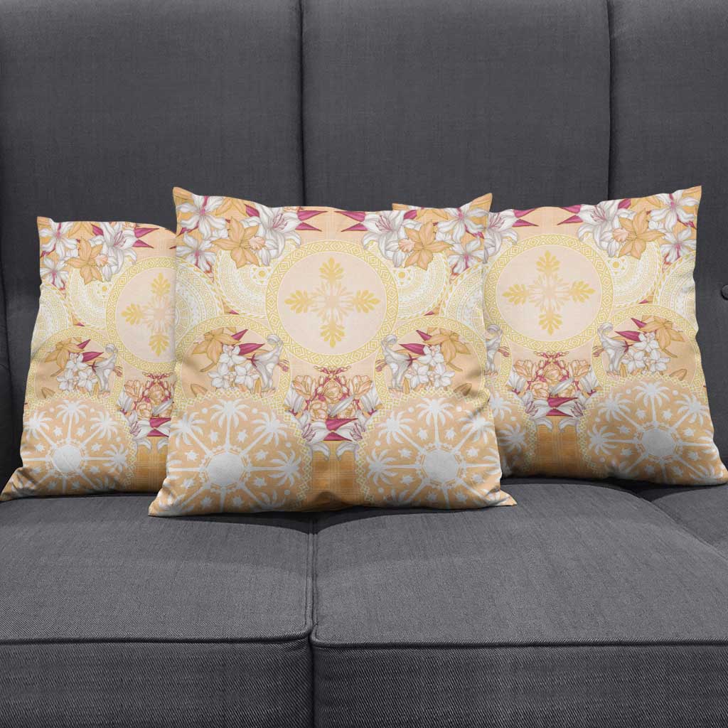 Hawaii Peach Palaka Pillow Cover With Tapa Pattern Tropical Flowers - Polynesian Pride