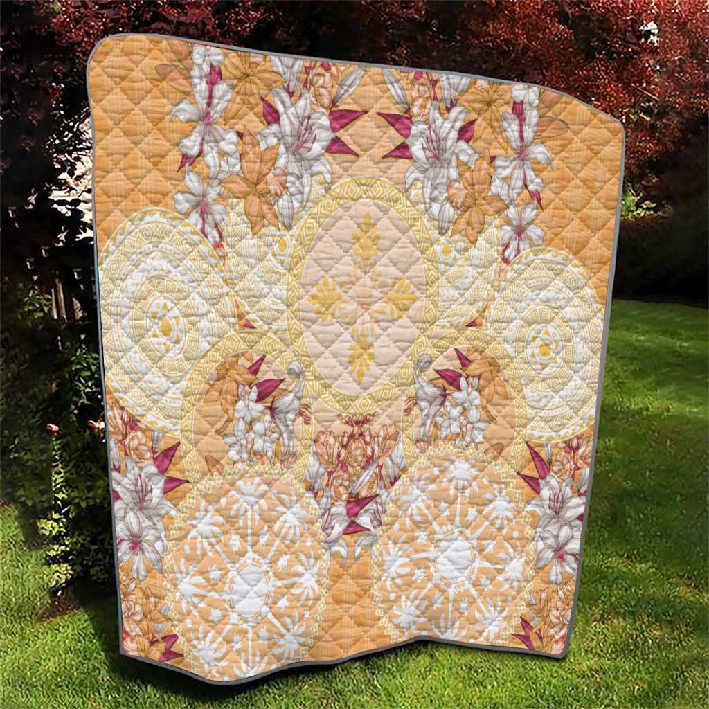 Hawaii Peach Palaka Quilt With Tapa Pattern Tropical Flowers - Polynesian Pride