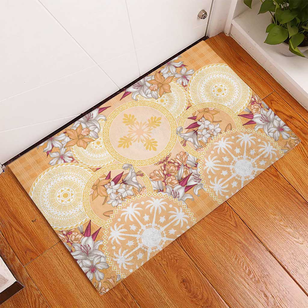 Hawaii Peach Palaka Rubber Doormat With Tapa Pattern Tropical Flowers - Polynesian Pride
