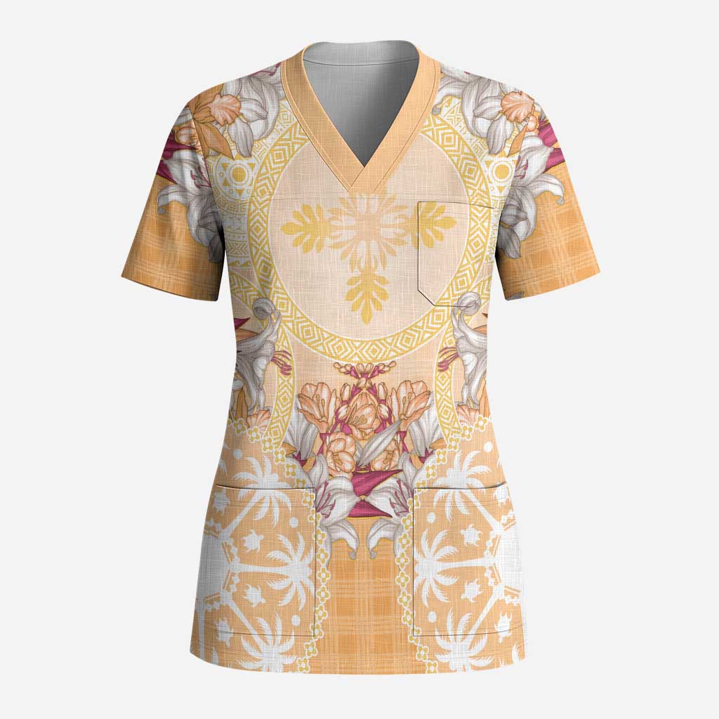 Hawaii Peach Palaka Scrub Top With Tapa Pattern Tropical Flowers LT05 Adult Peach - Polynesian Pride