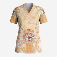 Hawaii Peach Palaka Scrub Top With Tapa Pattern Tropical Flowers LT05 Adult Peach - Polynesian Pride