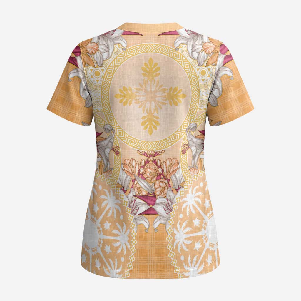 Hawaii Peach Palaka Scrub Top With Tapa Pattern Tropical Flowers LT05 - Polynesian Pride
