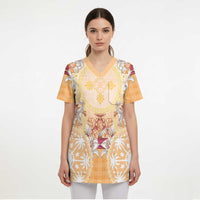 Hawaii Peach Palaka Scrub Top With Tapa Pattern Tropical Flowers LT05 - Polynesian Pride