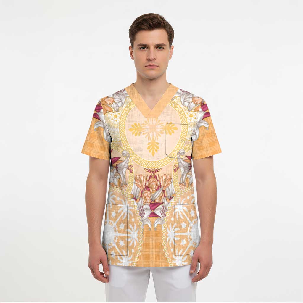 Hawaii Peach Palaka Scrub Top With Tapa Pattern Tropical Flowers LT05 - Polynesian Pride