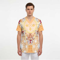 Hawaii Peach Palaka Scrub Top With Tapa Pattern Tropical Flowers LT05 - Polynesian Pride