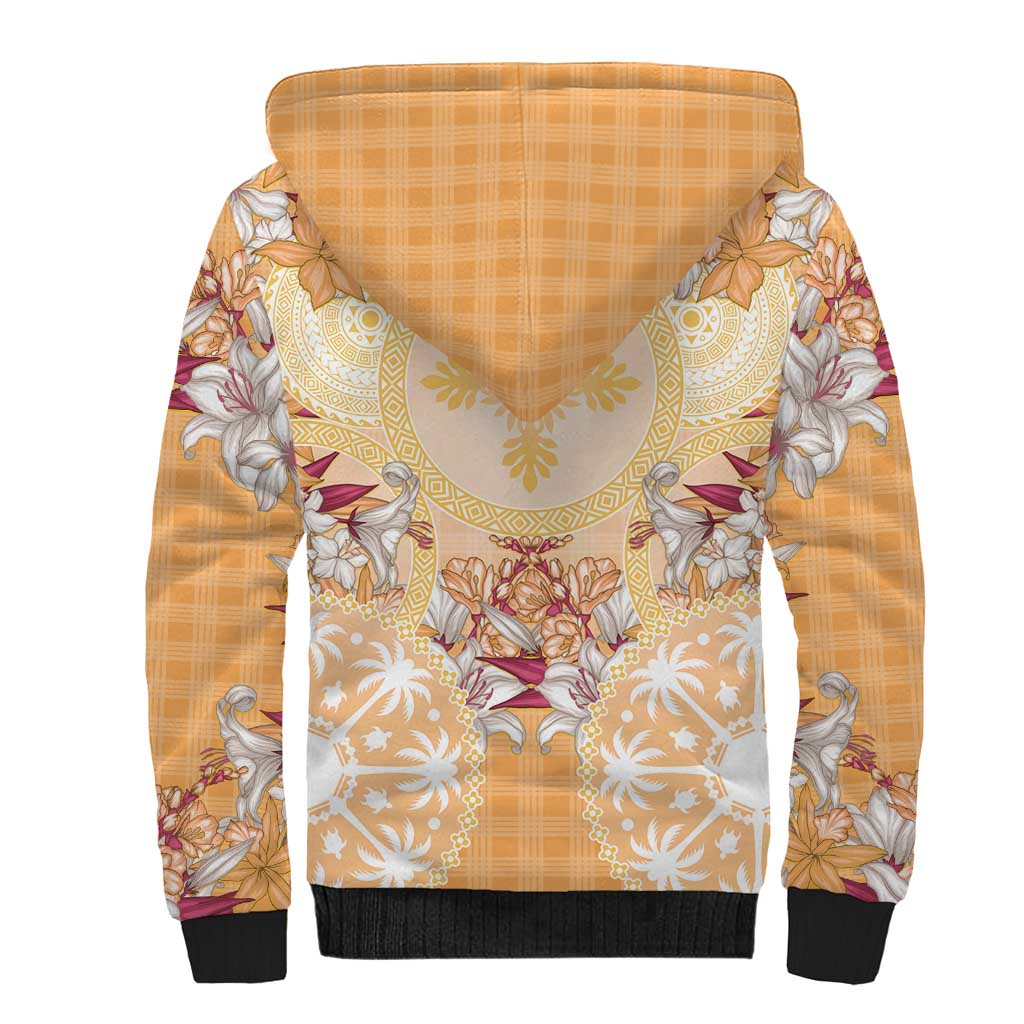 Hawaii Peach Palaka Sherpa Hoodie With Tapa Pattern Tropical Flowers - Polynesian Pride