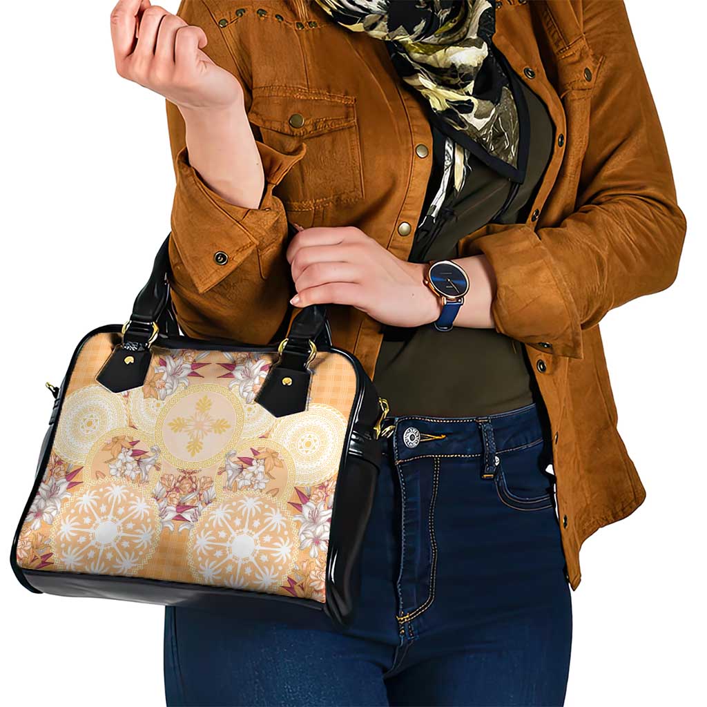 Hawaii Peach Palaka Shoulder Handbag With Tapa Pattern Tropical Flowers - Polynesian Pride