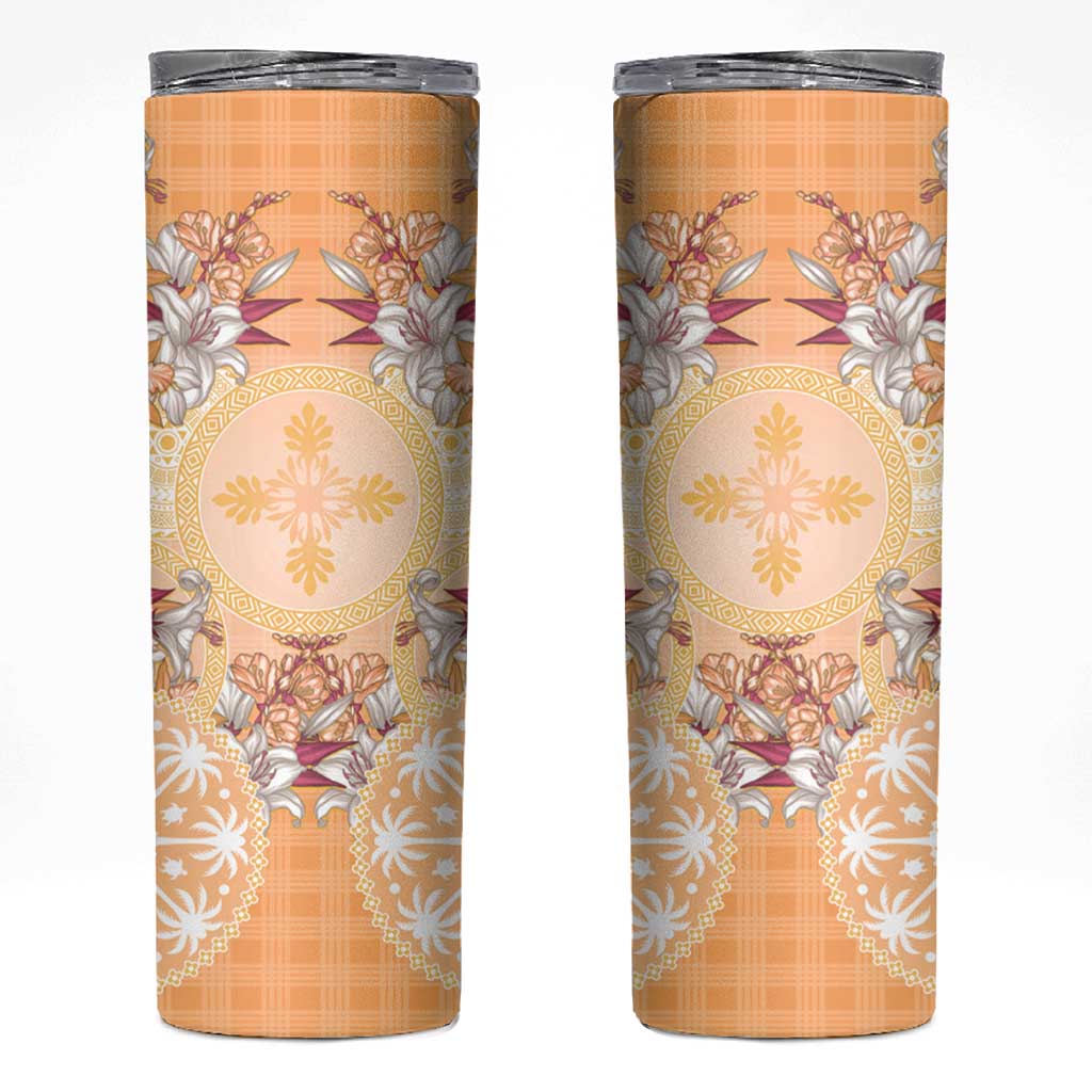 Hawaii Peach Palaka Skinny Tumbler With Tapa Pattern Tropical Flowers - Polynesian Pride