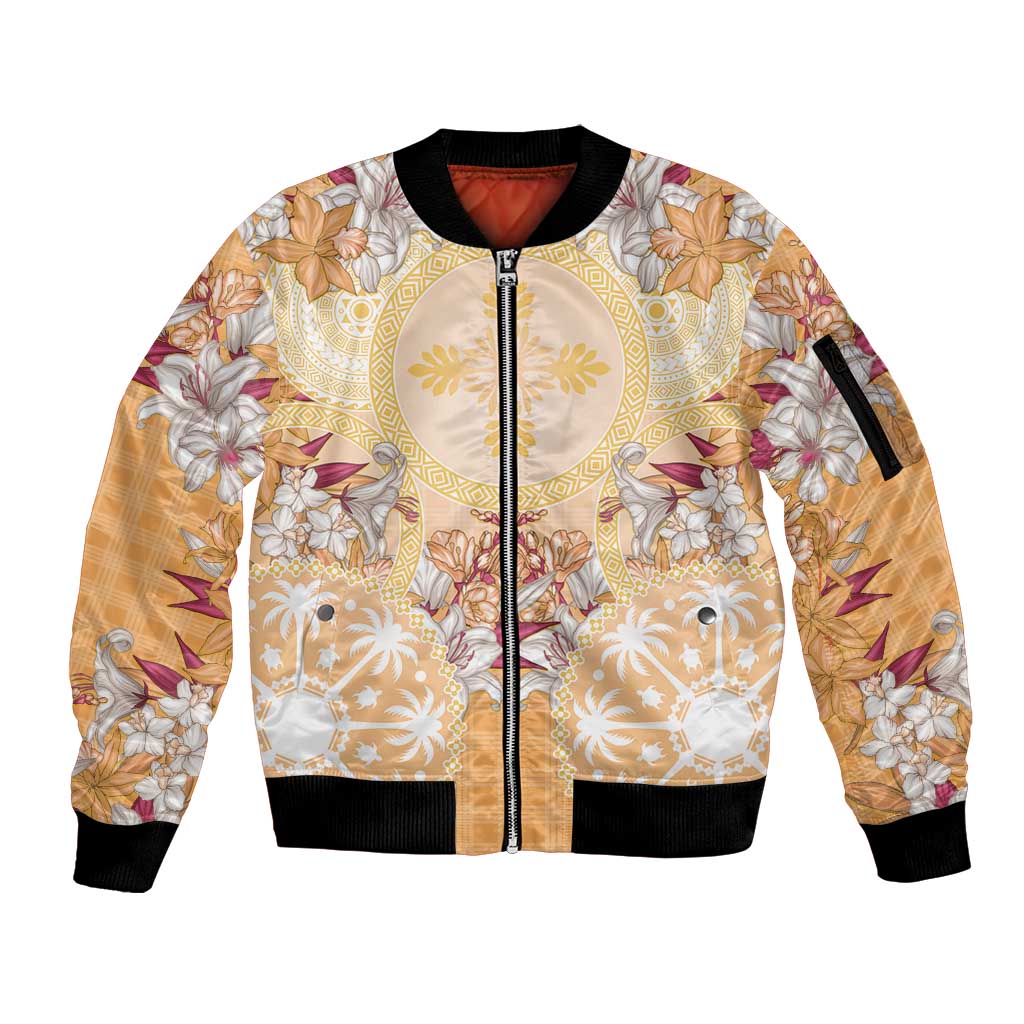 Hawaii Peach Palaka Sleeve Zip Bomber Jacket With Tapa Pattern Tropical Flowers - Polynesian Pride