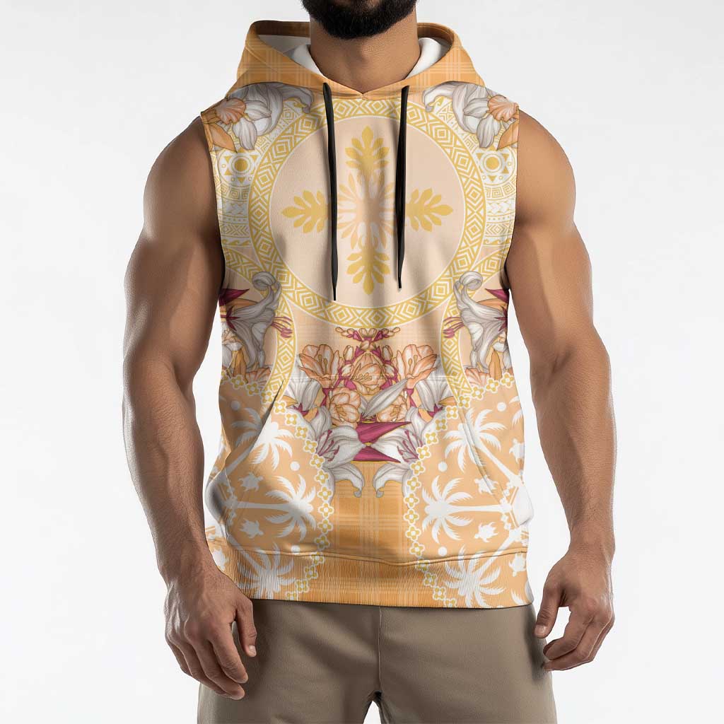 Hawaii Peach Palaka Sleeveless Hoodie With Tapa Pattern Tropical Flowers - Polynesian Pride