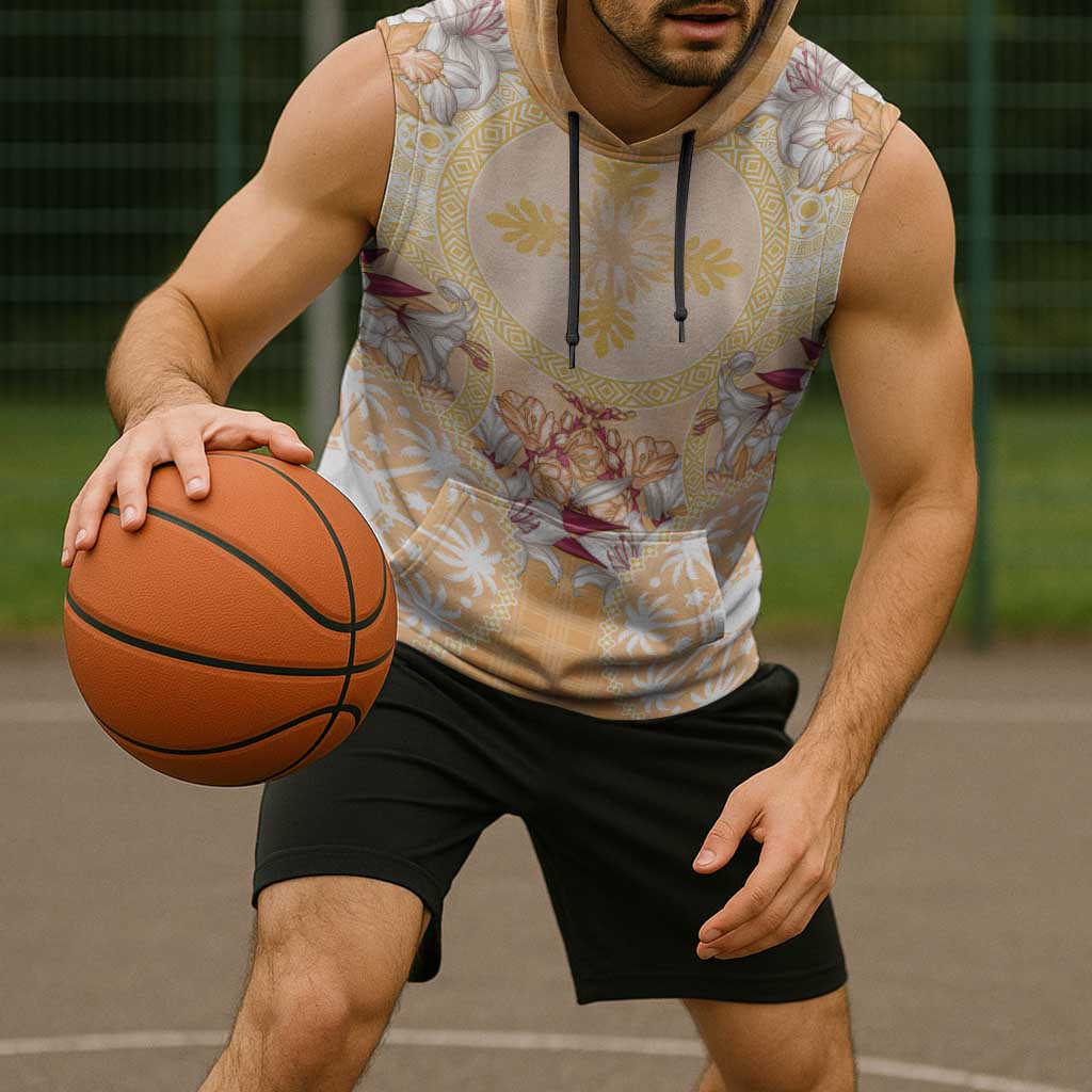 Hawaii Peach Palaka Sleeveless Hoodie With Tapa Pattern Tropical Flowers - Polynesian Pride